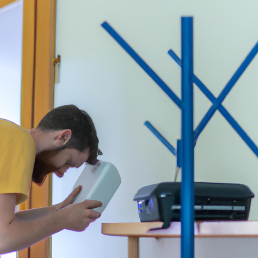 A professional technician setting up a Wi-Fi router to provide seamless internet connectivity in a residence.