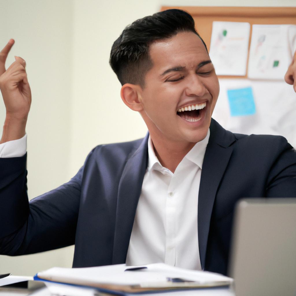 A content small business employee expressing joy and satisfaction after taking advantage of the benefits offered by their company's benefits provider.