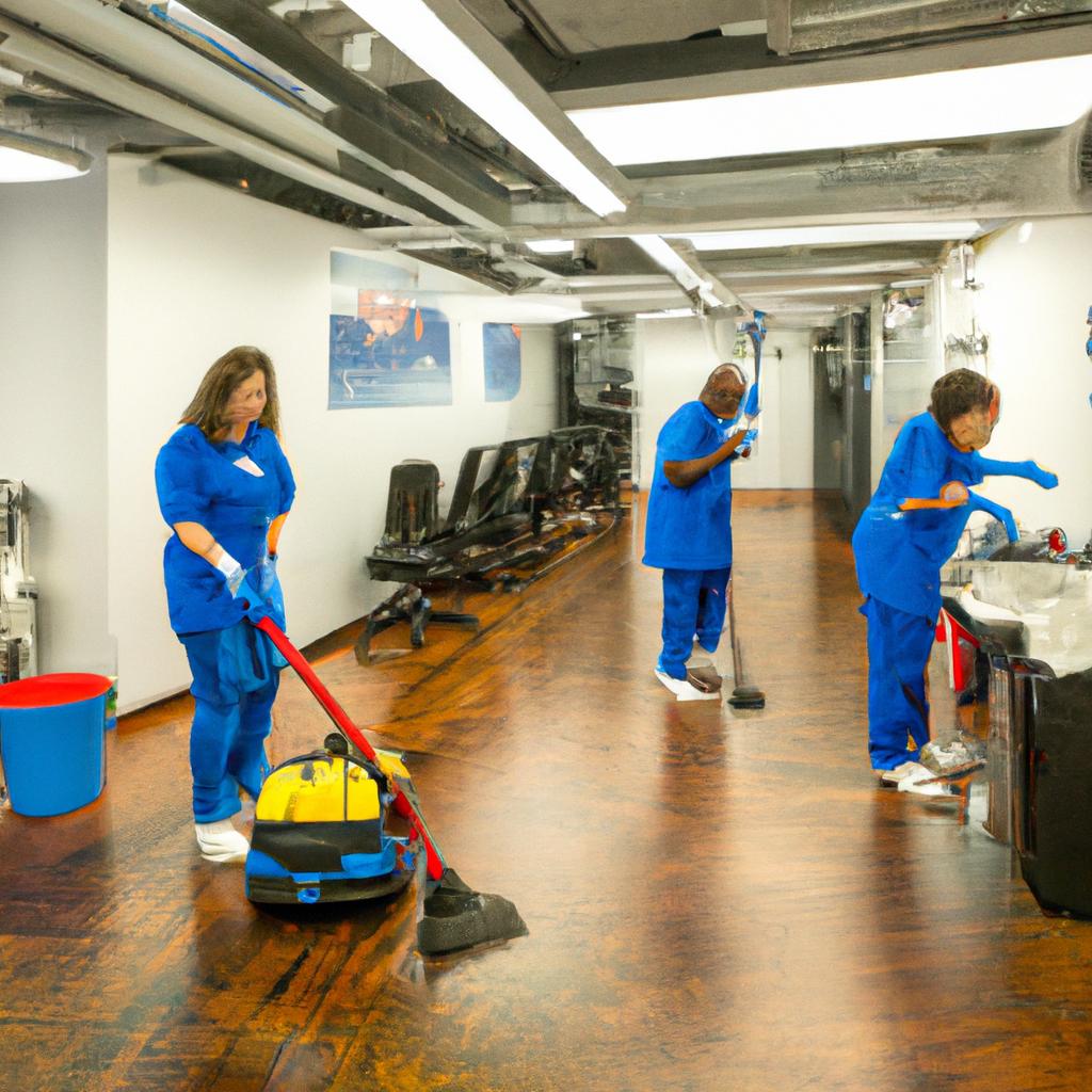 A team of cleaners ensuring a clean and organized work environment in a bustling NYC office.